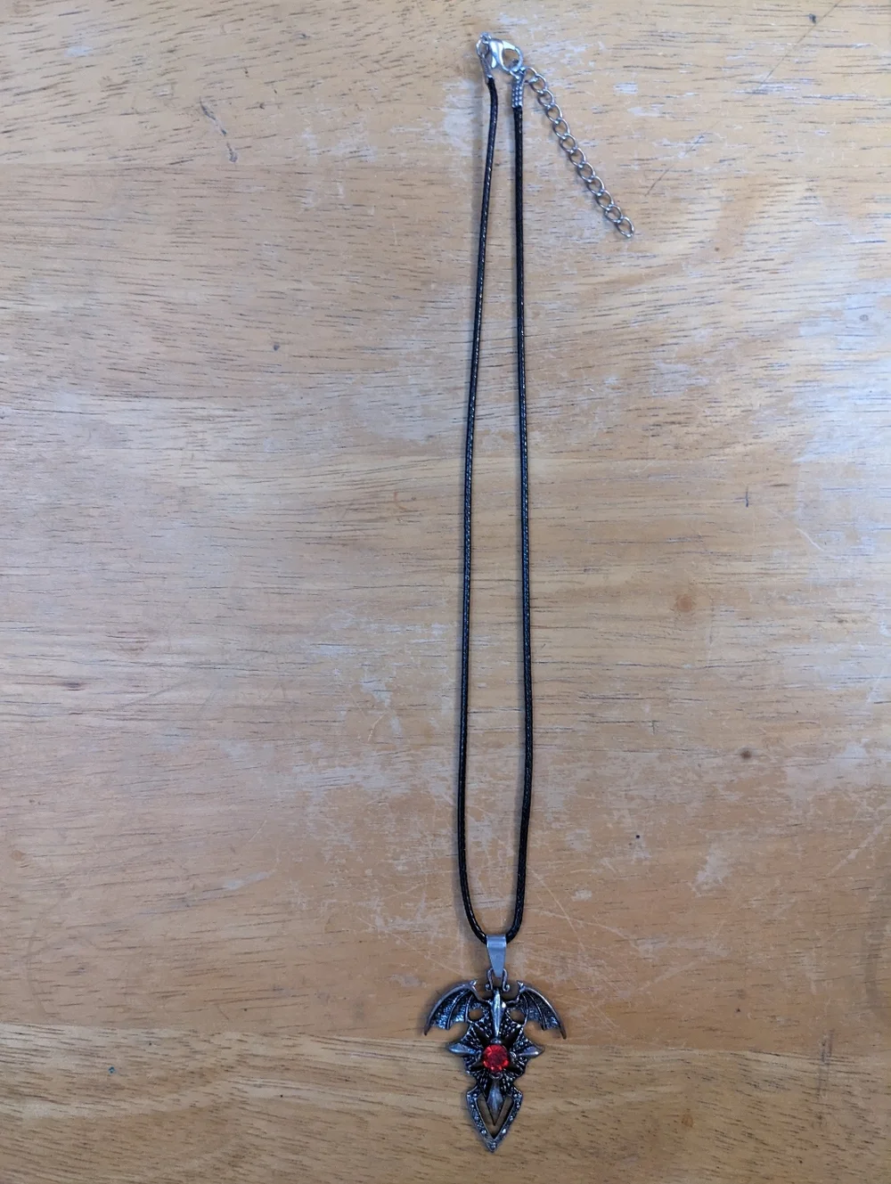 Gothic Dragon Wings Pendant Necklace | Red Crystal | Black Cord, T5B9C